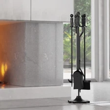 5PCS Wrought Iron Fireplace Tools Set w/ Poker Tongs Shovel Brush Wood Stove