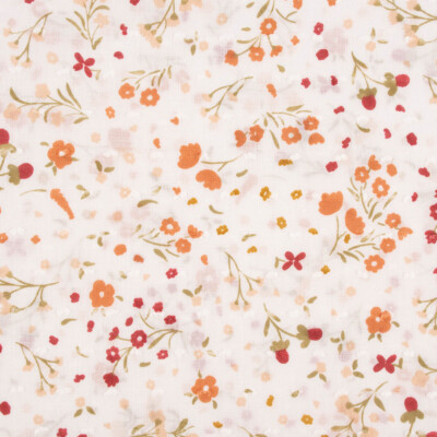 Dobby Batist Baumwollstoff Plumeti Stickerei Blümchen weiß orange rot 1,4m  Breit