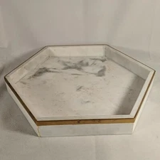 Large White Marble Hexagon Tray Made in India Hexagonal Gold Metal Trim Edge 12"