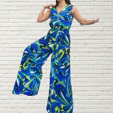 Vintage 70s Jumpsuit Wide Leg Palazzo Pant blue Psychedelic print - size M