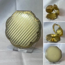 Vtg White Enamel Compact Gold Tone Striped Scalloped Edges Mirrored Powder Box