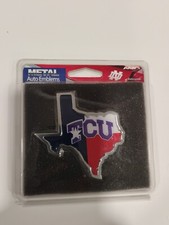 Texas Flag in Shape of Texas Chrome Metal Auto Emblem Texas Christian University