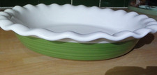 Corningware 9.5" ETCH Stoneware Pie Plate Green White Limited Ruffled Edge Wave