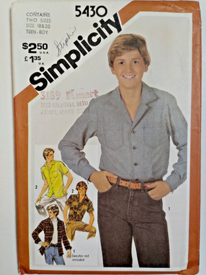 Simplicity 5430 Shirt Button Up Sewing Pattern Boys Teen 18 20 UC Western Sport