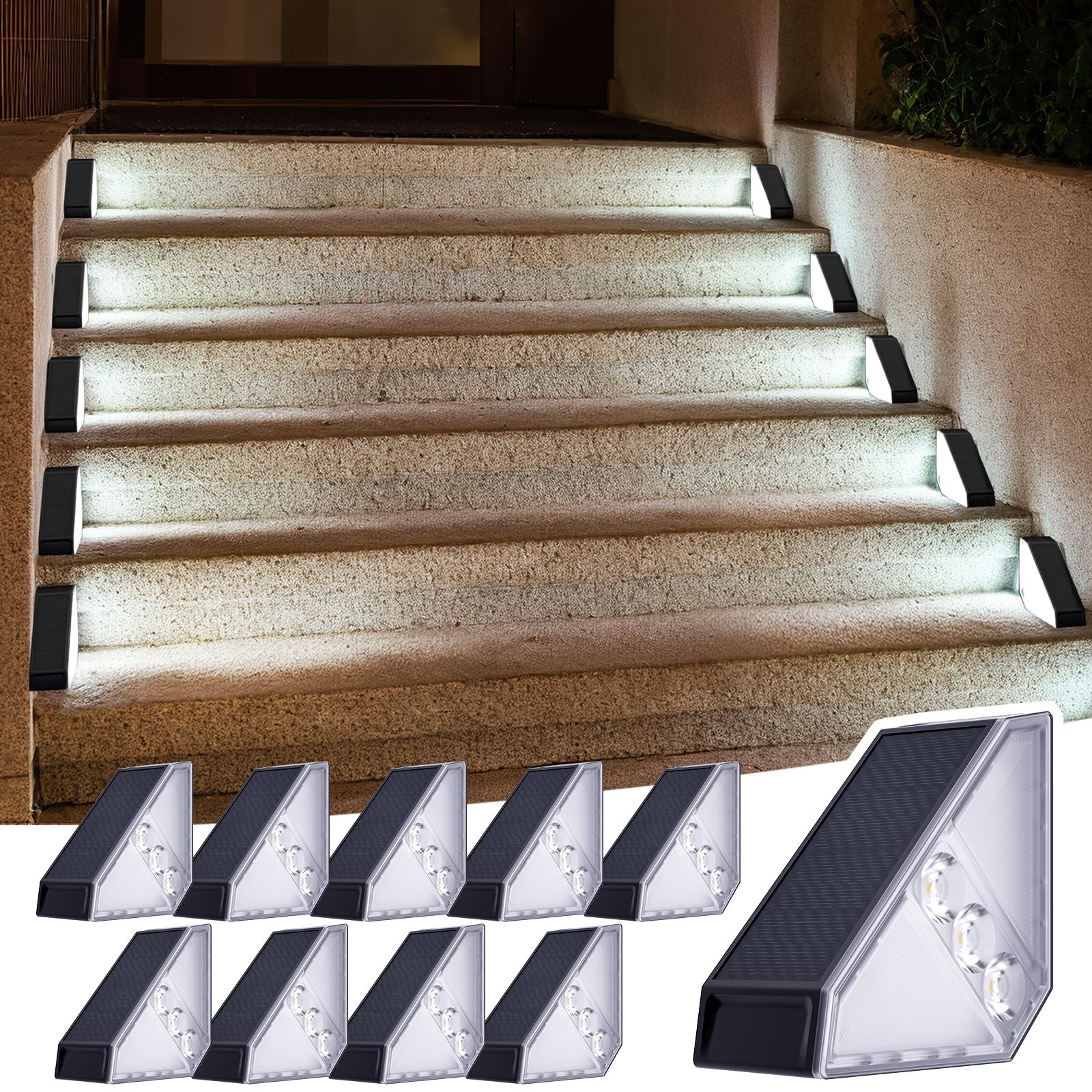 10-Pack Solar Step Lights for Outdoor Stairs, IP65 Waterproof Deck Lighting