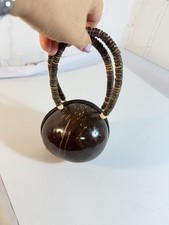 Vintage Coconut Shell Handbag Philippines Boho Tropical Purse Round Zip Bag