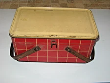 Vintage Golden Cookies Red and Tan Plaid Picnic Tin/Basket | Watertown MA 1950's