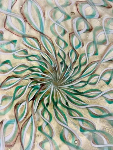 VTG Murano Art Glass Zebrati Bowl Aqua Green Gold Aventurine Large Heavy Italy