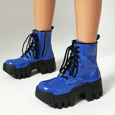 Women's Short Boots Punk Style Thick Sole High Heels Patent Leather Ankle Boots