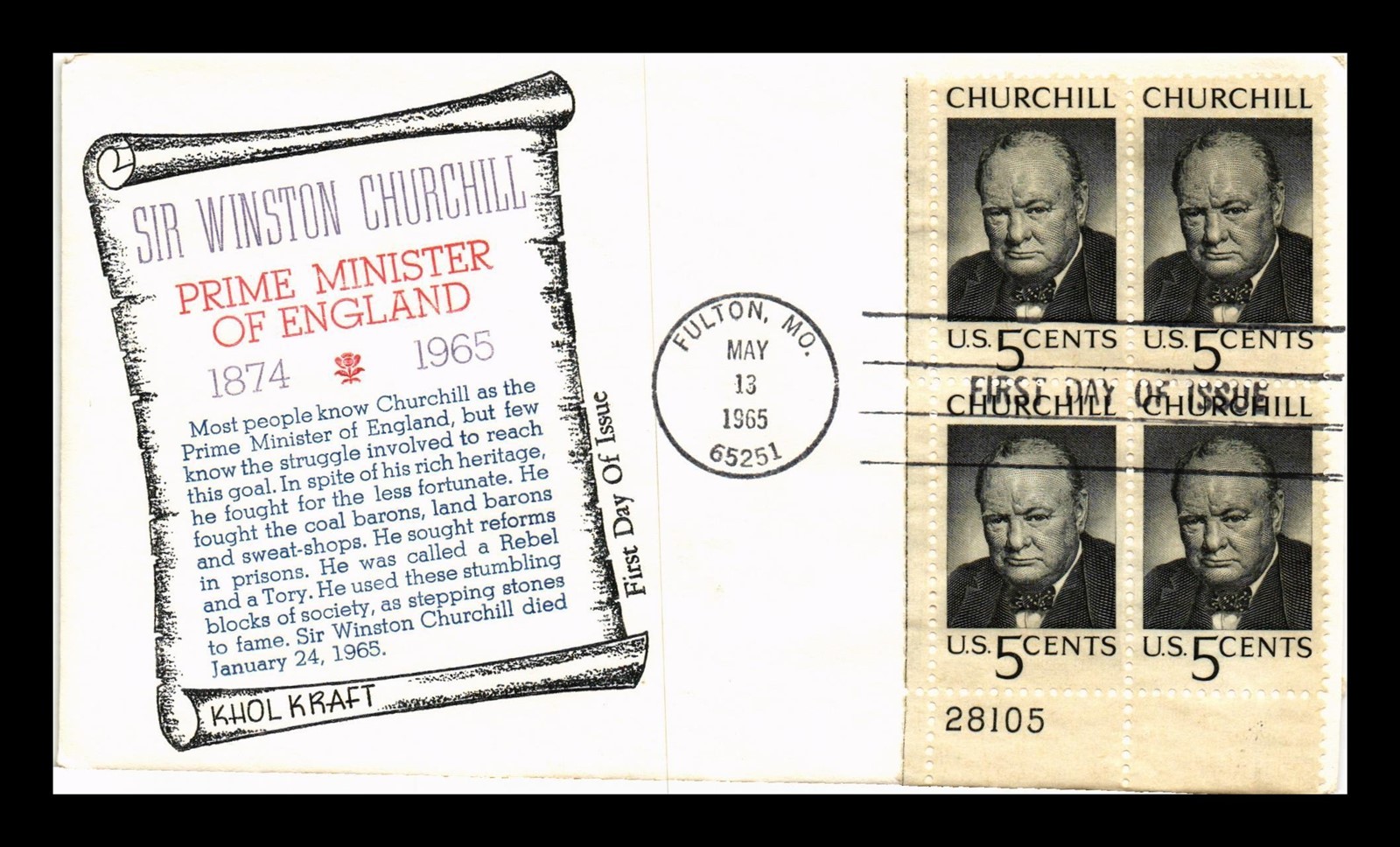 Dr Jim Stamps Us Cover Sir Winston Churchill Fdc Plate Block Khol Kraft