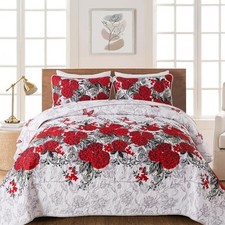 Red Floral Quilt Set King Size Rose Spring Bedspreads Bedding Set 3 Pieces