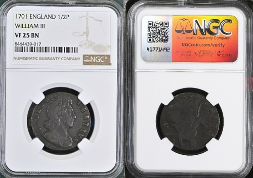 1701 William III HALFPENNY - Y for 2nd V in GVLIELMVS...NGC VF25BN Top Pop