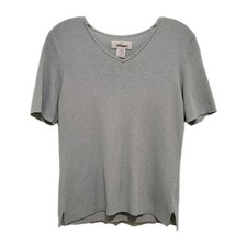Vtg 80s Worthington Women's L Gray Knit Short Sleeve Sweater V-neck Runs Small