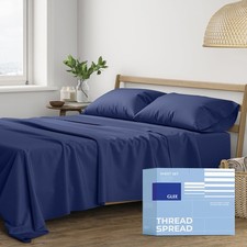 Egyptian Cotton Sheets Queen 400 Thread Count 4 PC Navy Blue Sateen SPREAD Size