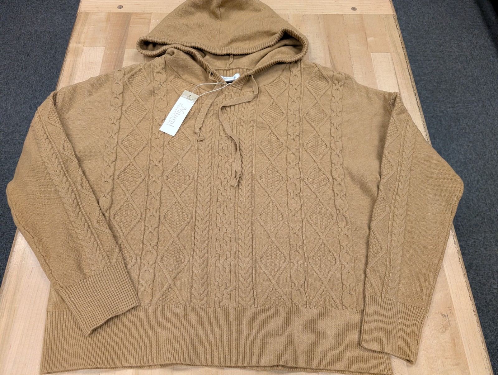 Natural Reflections Cable Knit Sweater Hoodie Women's Large Tannin Heather