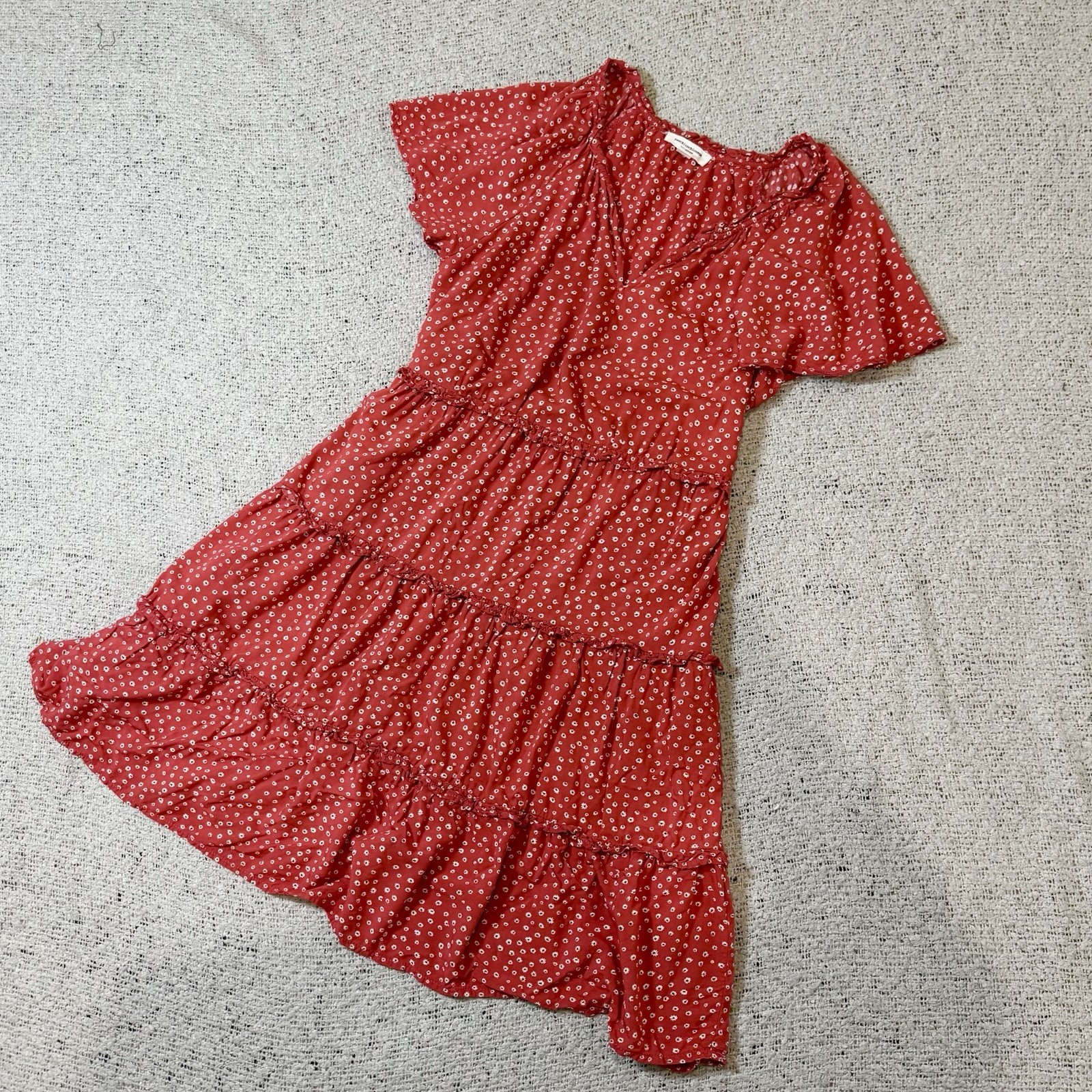 Beachlunchlounge Red Floral Ruffle Mini Dress Boho Tiered Size S