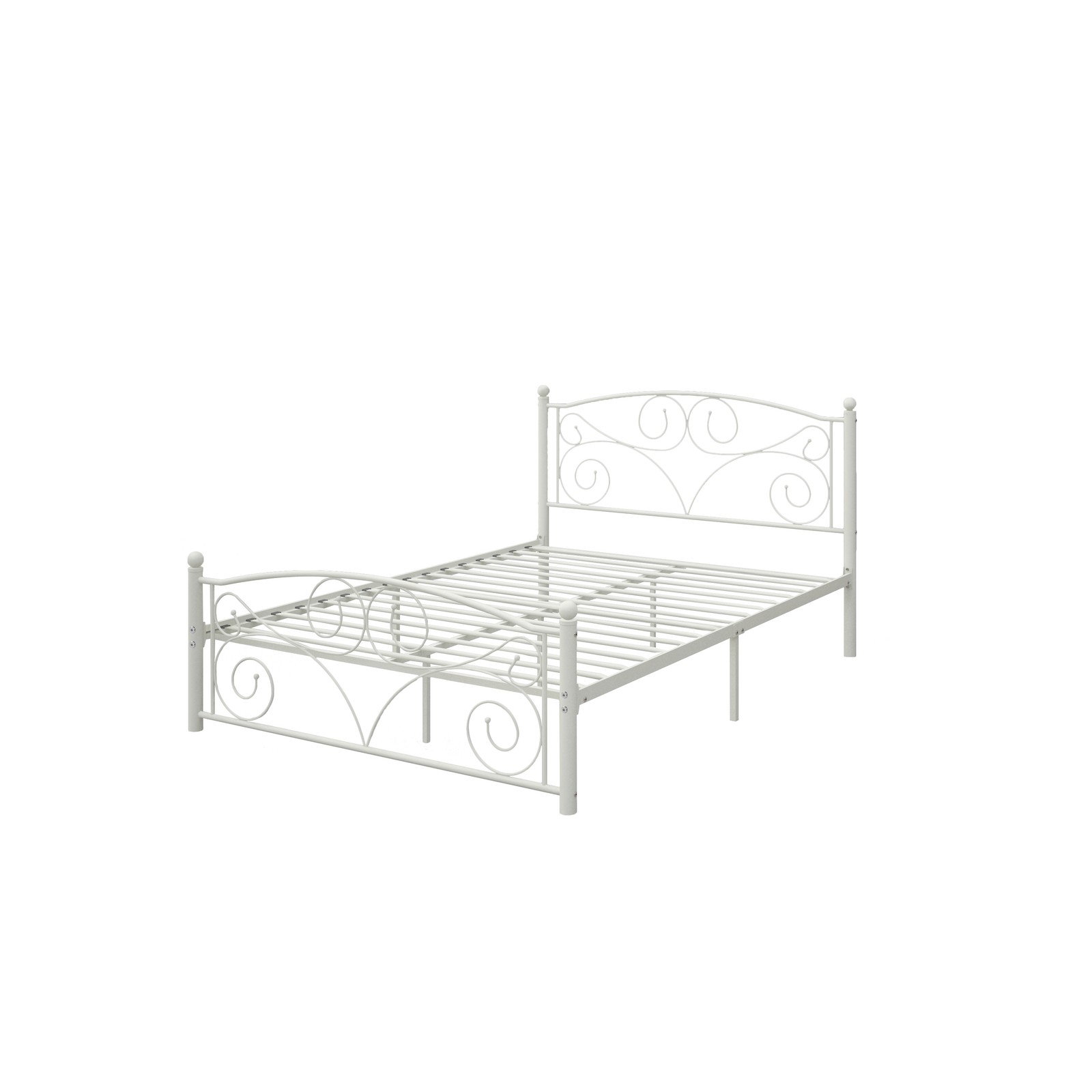White metal bed frame with scalloped edge, featuring unique curved metal headboard and footboard designs.
