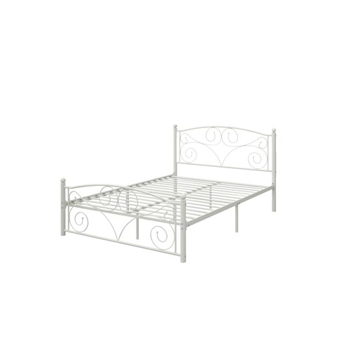 White metal bed frame with scalloped edge, featuring unique curved metal headboard and footboard designs.