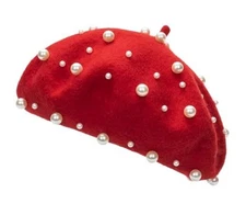 Pearl Rhinestone Winter Wool French Beret Hat Artist Beanie Cap for Medium Red