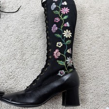 Vintage 70s Lace Up Granny Go Go Boots Embroidery Penny Lane Whimsygoth Size 7