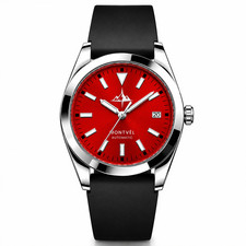 MONTVÉL Men's Watch Dark Red Dial Automatic Black Rubber Strap Luxury 42mm New