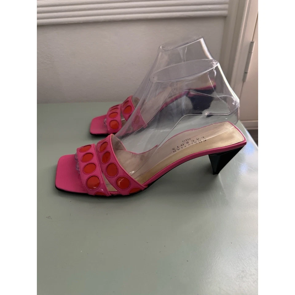 Christian Lacroix Vintage Y2K Hot Pink Red Dot Patent Leather Slide Heels Sz 7.5 - Image 2 of 4