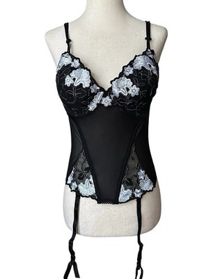 Delicates Sheer Mesh Corset Boning & Garter Sz M Black White Embroidered Florals