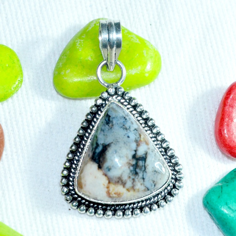 Grand Pendentif Artisanal En Argent 925 - Agate Dendritique Et Nacre Abalone - 45x42mm - Occasion