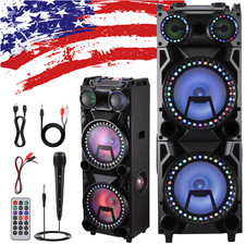 Dual 12" Portable Wooden Bluetooth Speaker Karaoke Heavy Bass Party System w/Mic