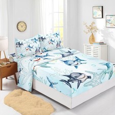 Boys Blue Ocean Shark Fitted Sheet Twin 4Pcs for Kid Boy Girl Teen Adult