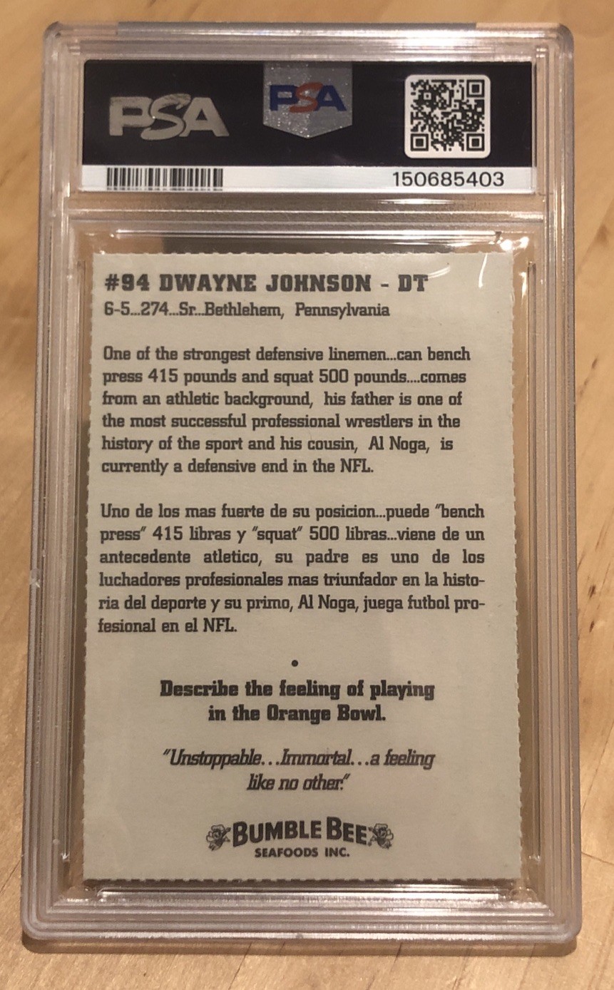 1994 Miami Bumble Bee DWAYNE THE ROCK JOHNSON RC Rare Rookie PSA 8 Hard 2 Grade view 4