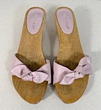 Vintage Nine West Pink Leather Bow Slide Sandals Wood Sole Mules Brazil Y2K 7.5