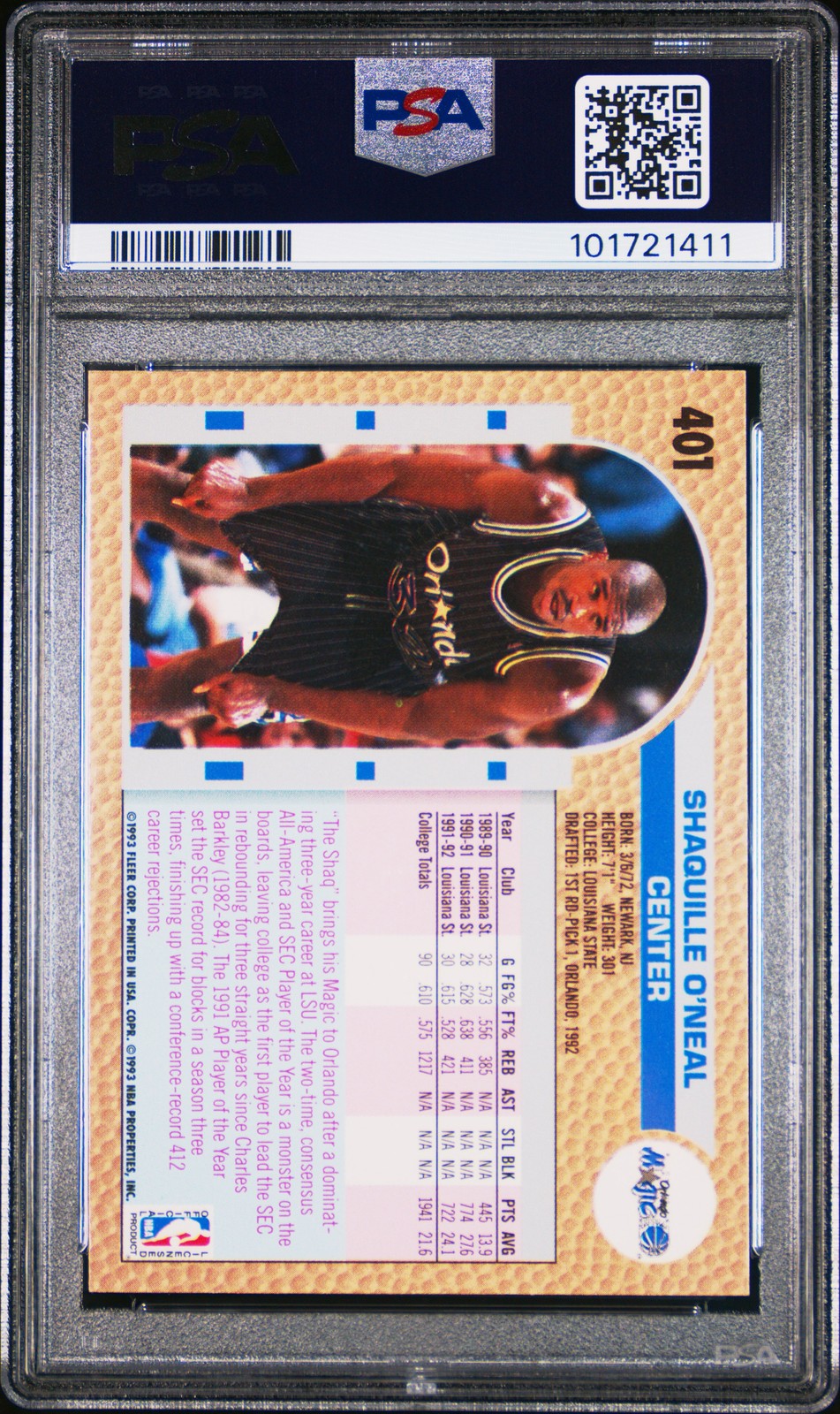 1992 FLEER #401 SHAQUILLE O'NEAL ROOKIE RC PSA 10 view 2
