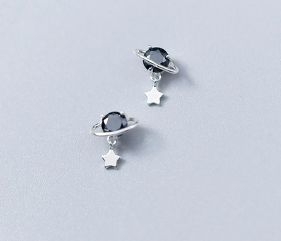 Dainty Black Planet Star Drop Earrings 925 Sterling Silver Celestial Universe