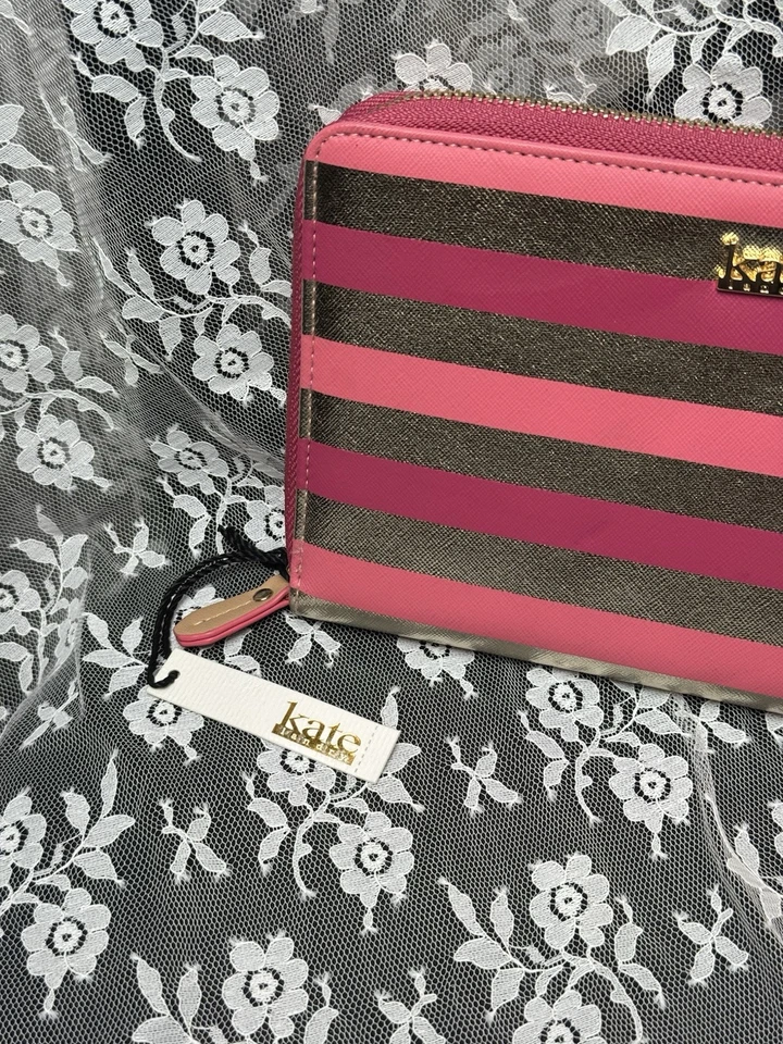 Kate Landry Metallic Gold & Pink Stripe Zip Around Wallet | NWT Accordion Style - Image 2 of 4