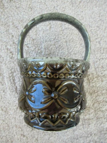 Vintage Hull USA Pottery Basket Planter, brown & gray, 9" H - pristine!