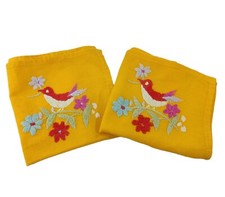 2 x Yellow Hand Towels Embroidered Birds on Branch Floral Read