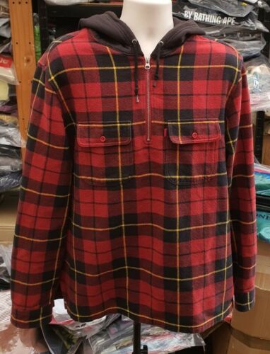 FW16 Supreme Hooded Plaid half zip hooded shirt size L large Red tartan flannel  - Picture 1 of 9