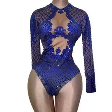 Sexy Blue Print Rhinestone Dancer Bodysuit Women Long Sleeve Crystal Jumpsuit