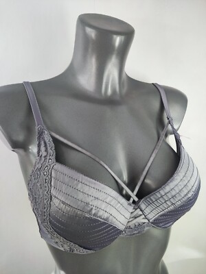 New Boux Avenue Pewter Stitched Satin Balconette Bra Padded Bra Lingerie UK 34C