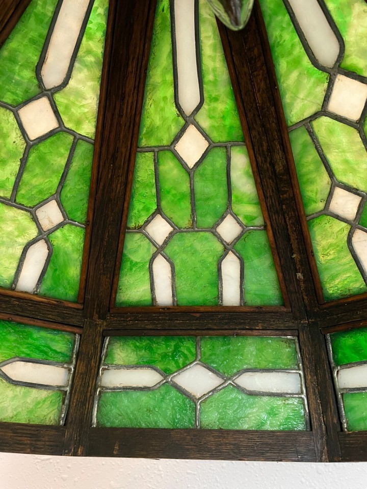 antique W.B Brown?Arts & Crafts Mission oak leaded slag glass ...