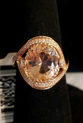 ROSE GOLD Over STERLING SILVER Simulated Morganite Double Halo Ring, Size 7 NEW