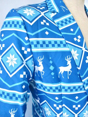 Kitchy Blue White Snowflake Reindeer Winter Holiday Novelty Blazer Jacket M 40 - Picture 4 of 7