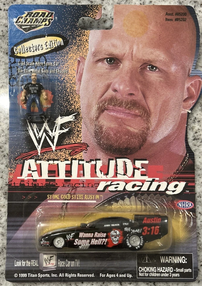 WWF Attitude Racing 1999 Road Champs Steve Austin Silver Wheels 1:64 Diecast Car - Image 1 of 2