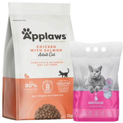 7,5kg APPLAWS Trockenfutter Huhn u. Lachs getreidefrei adult + Katzenstreu 3,8 L