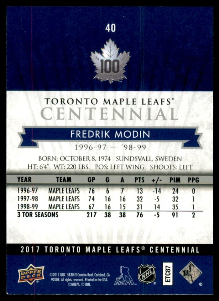 2017-18 Upper Deck Toronto Maple Leafs Centennial Base Fredrik Modin #40 - Image 2 of 2