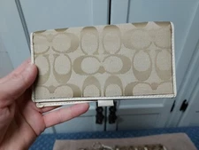 Coach Wallet Signature C Monogram Checkbook Cover Holder Brown Jacquard Bifold