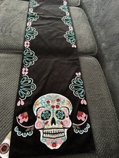 Charming Home Table Runner Black Embroidered Sugar Skull Day of Dead 14  x72  NEW