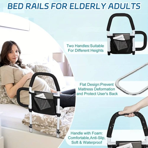 Adjustable Bed Assist Rail Bed Rails with Light and Storage Pocket For Elderly - Picture 2 of 11