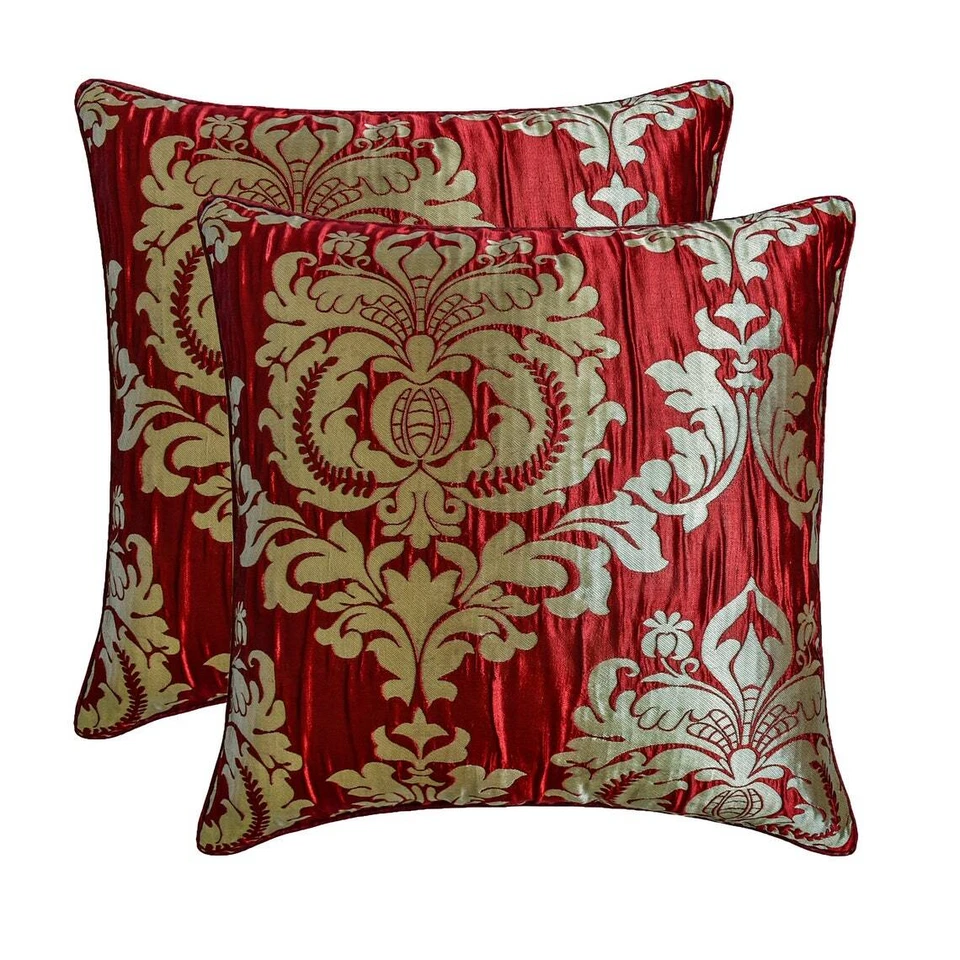 Red Jacquard  Pleated Dull Gold Damask 16"x16" Throw Pillow Cover - Damask Aurum - Image 4 of 4